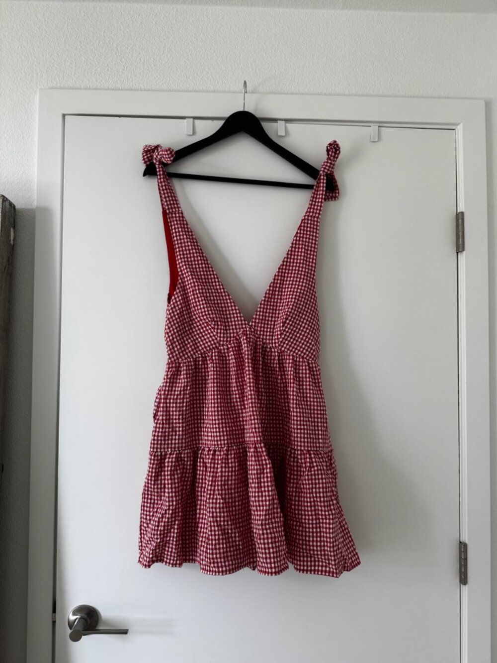 Beginning Boutique Red Gingham Tiered Tie Strap Mini Dress (NWT) - Size 0 - Picture 4 of 7